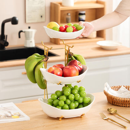 Leijosya Elegant 3-Tier Ceramic Serving Bowl Set with Gold Stand, White Decorative Display Bowls for Fruits, Desserts, Appetizers