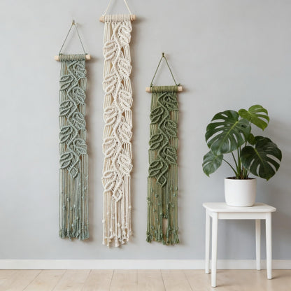 M MANUAL 3 Pcs Macrame Leaf Wall Hanging Bohemian Wall Decor Feathers Wall Art Green Fall Leaf Wall Hanging Boho Headboard Decor Wall Art