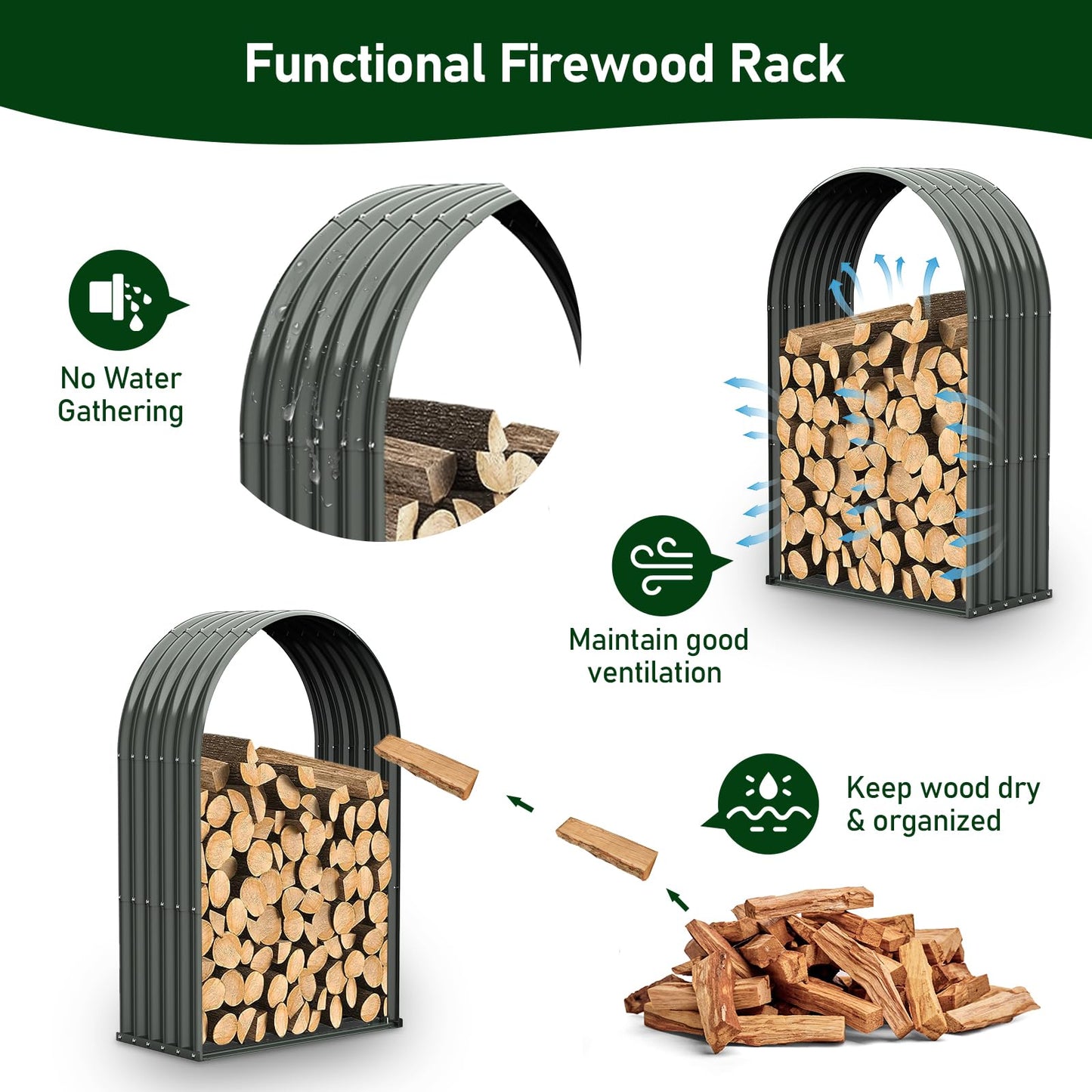 A ANLEOLIFE 4-Set Galvanized Steel Firewood Storage Rack with Weatherproof Corrugated Roof, Heavy Duty Outdoor Log Holder for Patio Porch Fire Pit, Arch Gray