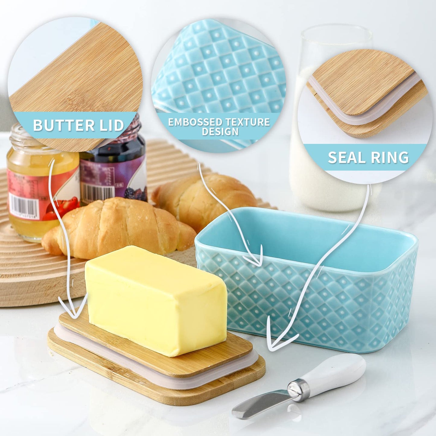 Hasense Farmhouse Butter Dish with Lid for Countertop, Butter Keeper & Holder, Butter Container for Fridge with Wooden Freshness Seal, Enhance Kitchen Decor, Holds Two Sticks of Butter, Turquoise