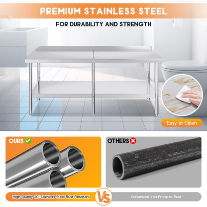 Jocisland 30" x 82" Stainless Steel Table for Prep & Work, Food-Grade Stainless Steel with Backsplash, Adjustable Under Shelf & Safe Design for Restaurant, Home and Outdoor