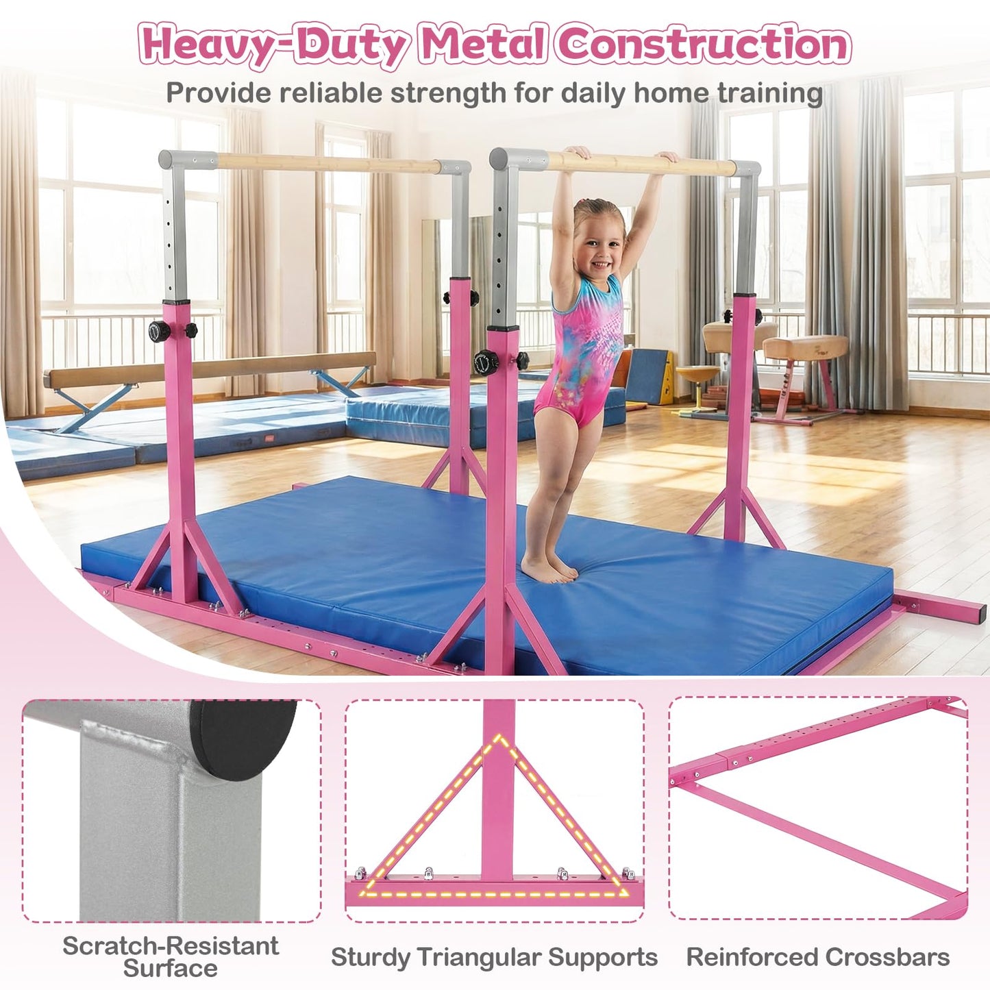 Goplus Double Horizontal Bars, Junior Gymnastic Parallel Bars with 13-Level 33"-57" Adjustable Heights & 6-Level Adjustable Width, 350 LBS Capacity for Indoor Outdoor Training (Pink)