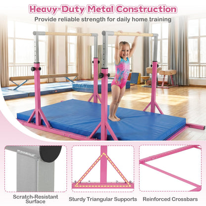 Goplus Double Horizontal Bars, Junior Gymnastic Parallel Bars with 13-Level 33"-57" Adjustable Heights & 6-Level Adjustable Width, 350 LBS Capacity for Indoor Outdoor Training (Pink)