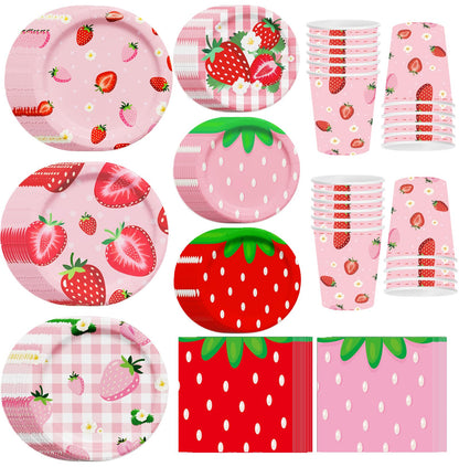 120PCS Strawberry Birthday Decorations, 7 and 9 Inch Strawberry Paper Plates, Cups, and Napkins Tableware Set for Summer Baby Shower Sweet Berry First Birthday Decorations Party Supplies, Serve 30