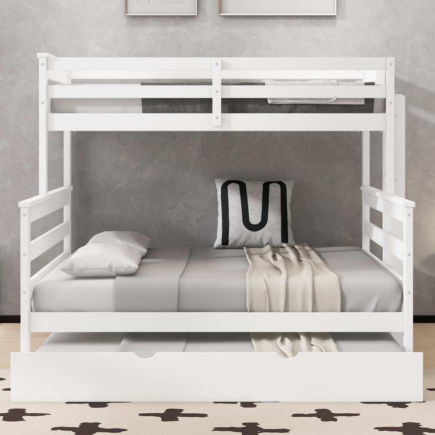 Merax Twin XL Over Queen Bunk Bed Wood Detachable Bunk Bed with Trundle & Ladder, Multifunction Bunk Bed with Full Length Gardrails, No Box Spring Needed,Space Saving,White