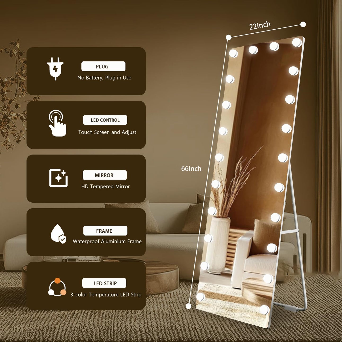 Kosmonia 66x22 Hollywood Full Length Mirror with Light, 22 Dimmable Bulbs & 3 Color Smart Touch Control, Distortion Free, Tempered Glass, Safe Full Body Mirrors with Stand