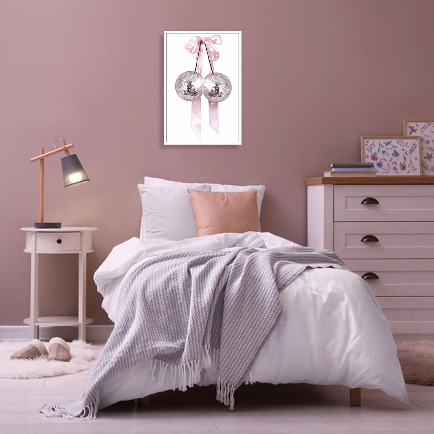 Generic 16x24in Trendy Pink Bow Disco Ball Posters White Cherry Canvas Wall Art Funky Coquette Bow Ribbon Preppy