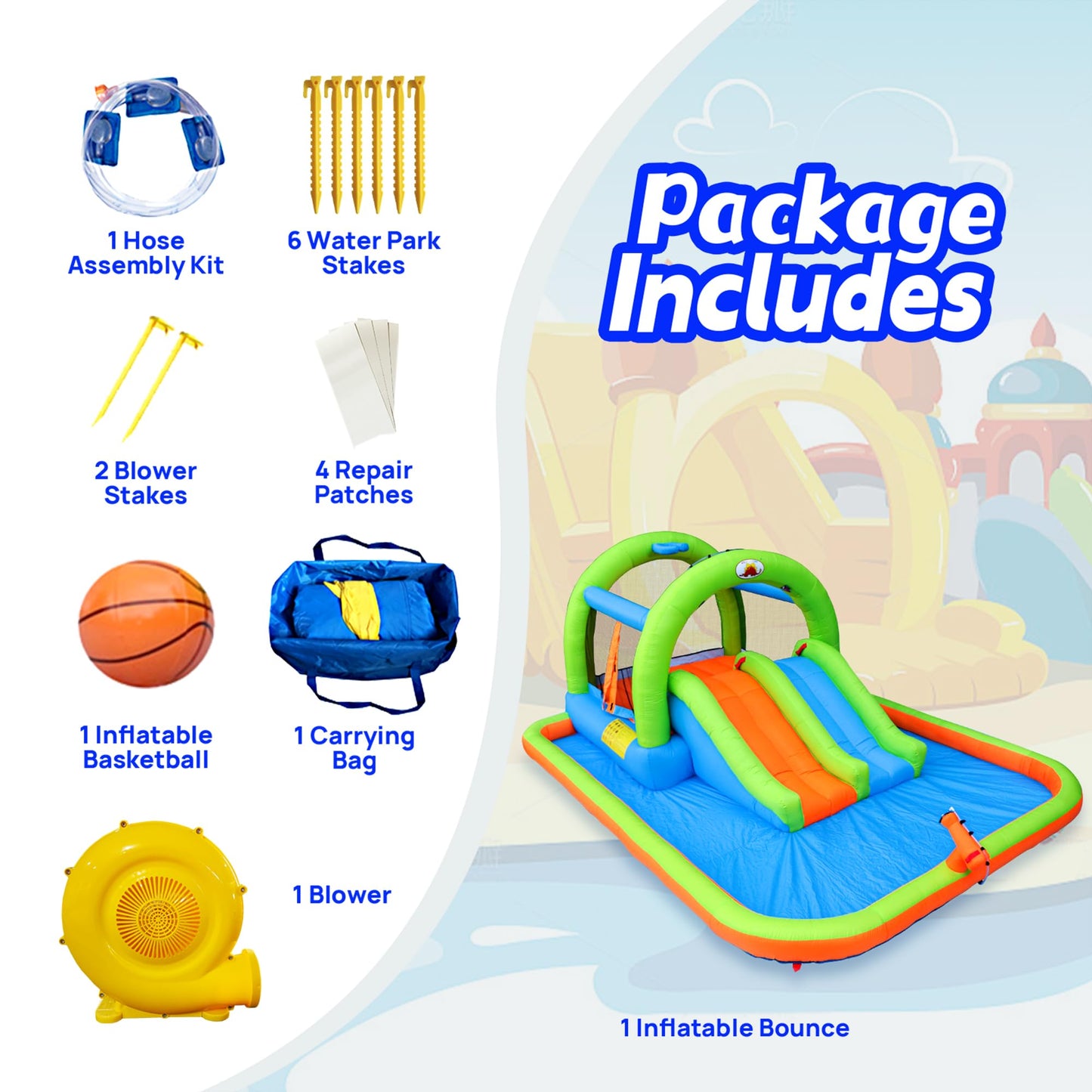WELLFUNTIME Inflatable 2-in-1 Water Slide Bouncy Castle with Blower, Jumping House with Double Slide & Basketball Ring for Kids, Jumping Area for 3 Kids