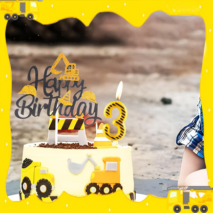 FUNCANDLE Set,Yellow 4 4th Construction Themed Birthday Candles White Stripes Number Candle with Construction Cake