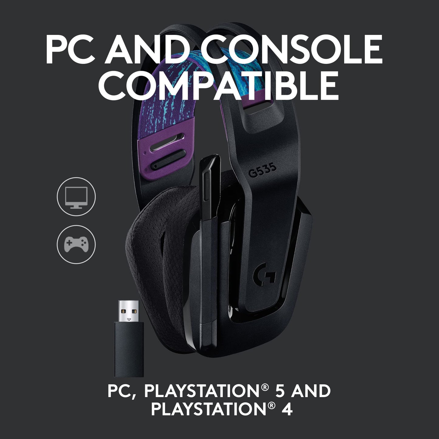 Logitech G535 Lightspeed Wireless Gaming Headset - Lightweight on-Ear Headphones, flip to Mute mic, Stereo, USB Rechargeable - Black