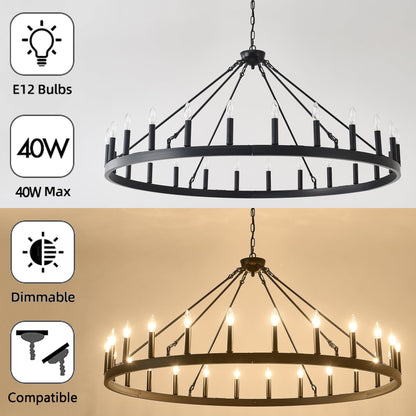 JTYP 53 Inch Large Black Farmhouse Wagon Wheel Chandelier,24-Light Round Industrial Pendant Light fixtures for Outdoor Porch high Ceilings Living Dining Room Foyer Entryway