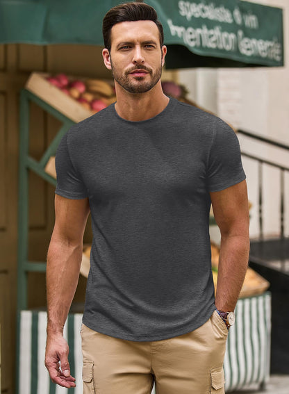 JMIERR Mens Short Sleeve Casual Shirts Muscle Slim Fitted Fashion Shirt Crewneck Longline Tees Shirts for Gym Workout Athletic, US 46(XL), Dark Grey