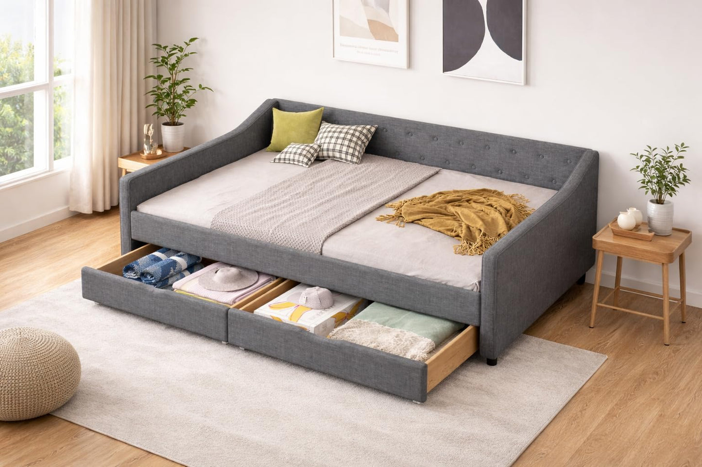 Ball & Cast Full Size Daybed with Two Storage Drawers,Linen Upholstered Day Bed Frame with Button Tufted and Waved Shape Arms, Wood Slat Support,No Box Spring Needed,Dark Grey