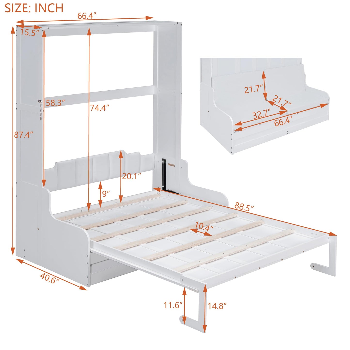 Merax Queen Size Murphy Bed Frame, Modern Wall Bed Can Be Folded into Cabinet, Chair with Cushion, White