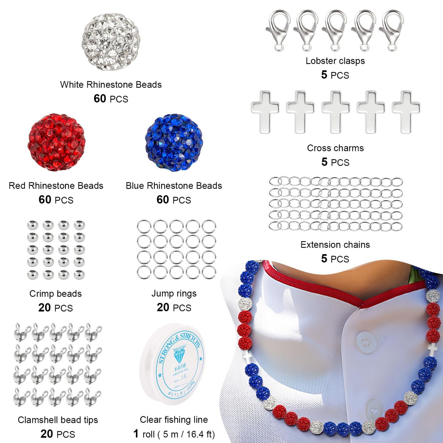 YONOVO 256Pcs 10mm Rhinestone Beads Kit for Jewelry Making, 3 Colors Round Disco Ball Sparkly Beads with Cross Charms and Accessories for DIY Baseball Necklaces Bracelets Earrings