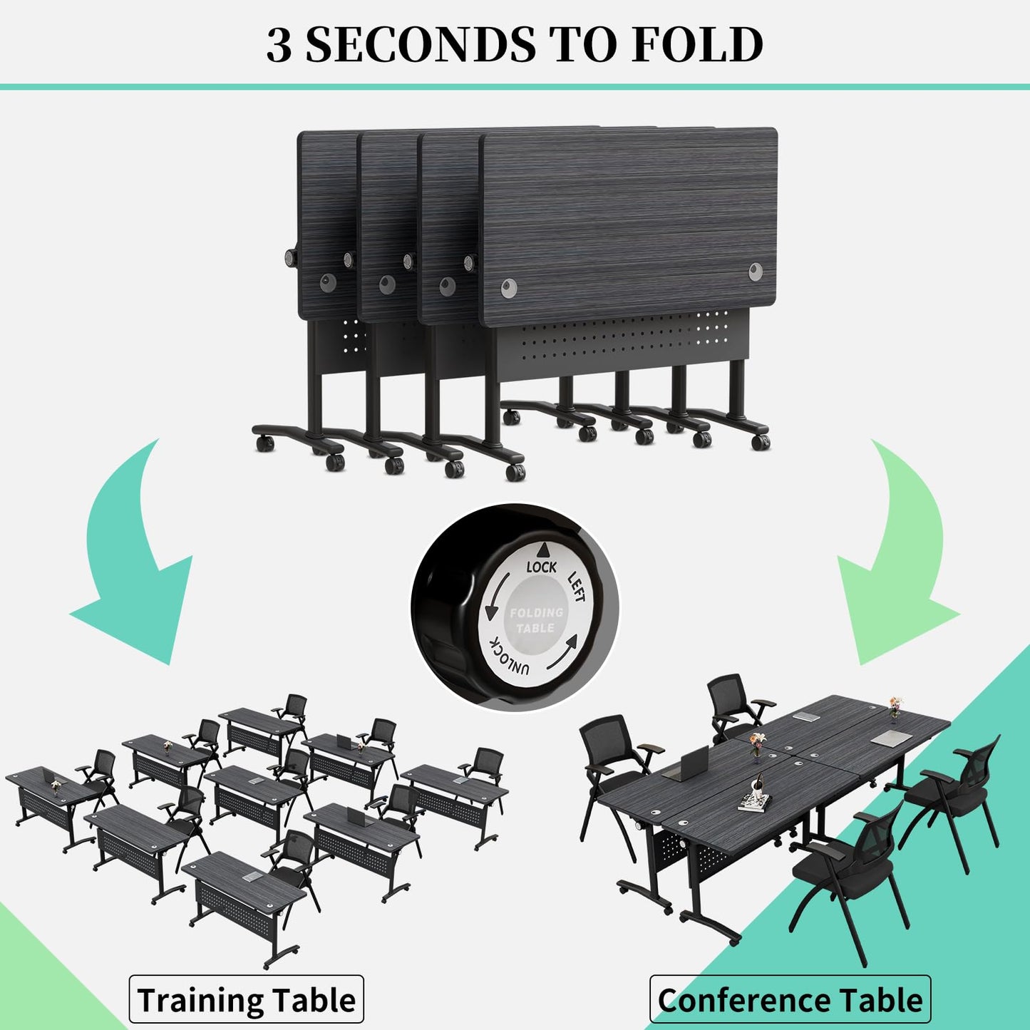 JNMDLAKO Modular Folding Conference Room Table with Wheels & 2 Cable Grommets - 6 Pack Flip Top Mobile Training Table,Modern Meeting Tables 2-30 Person, Black,61"x 19.6"x 29.5"
