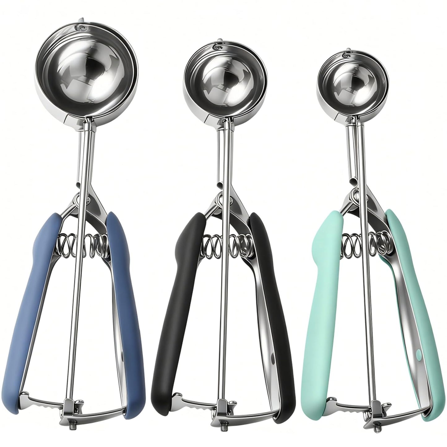 SUNNORN Cookie Scoop set, Cookie Scoops for Baking Set of 3, Size #60/ #40/ #20, Cookie Dough Scoop, Non-Slip Grip, Blue/Black/Mint Handle, For Cookies Muffin Cupcake Meatball Ice Cream