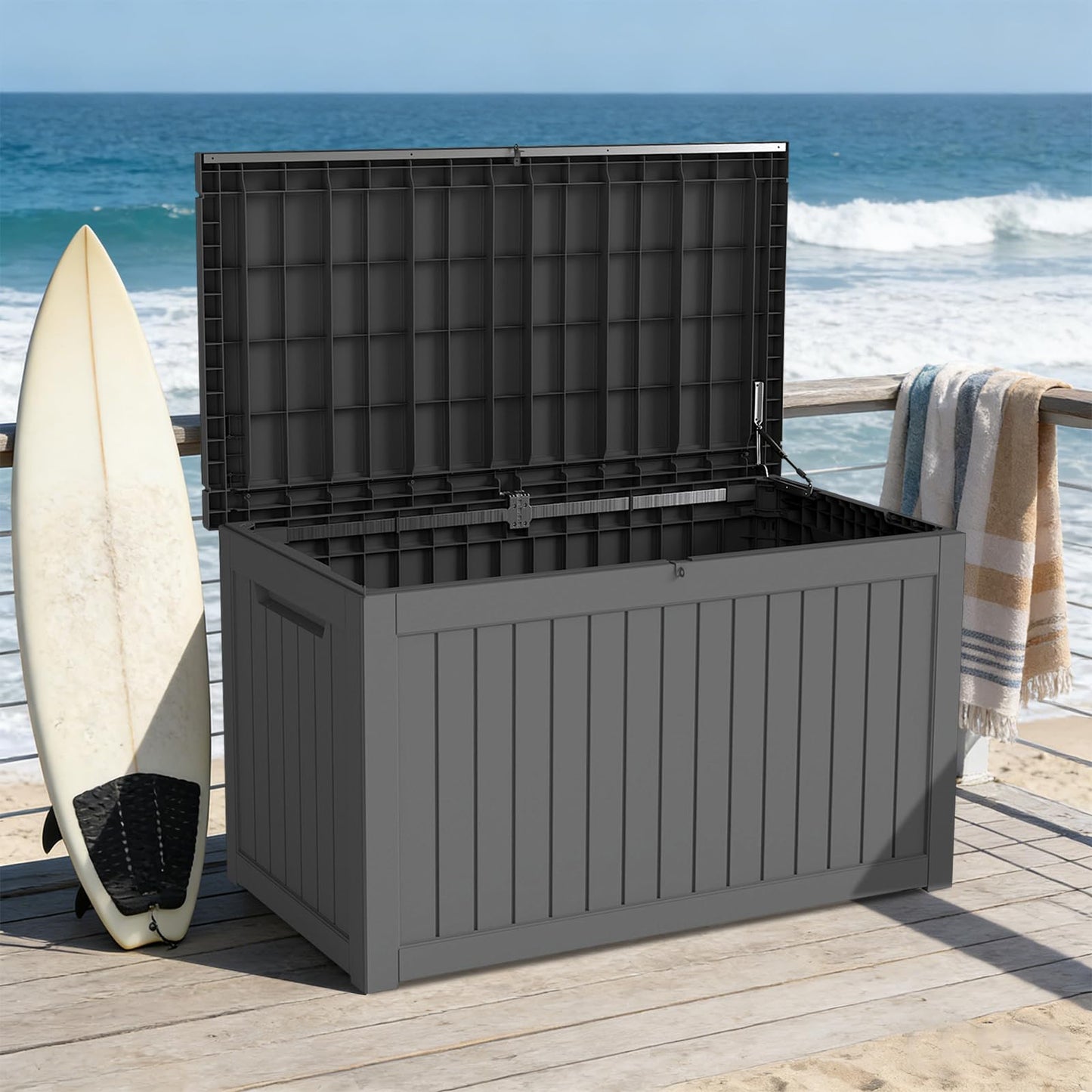 GALUBUBU 230 Gallon Patio Storage Box, Outdoor Resin Deck Box with Hydraulic Lid, Lockable & Waterproof for Garden Tools, Furniture Cushions, UV Resistant Outside Storage, Black