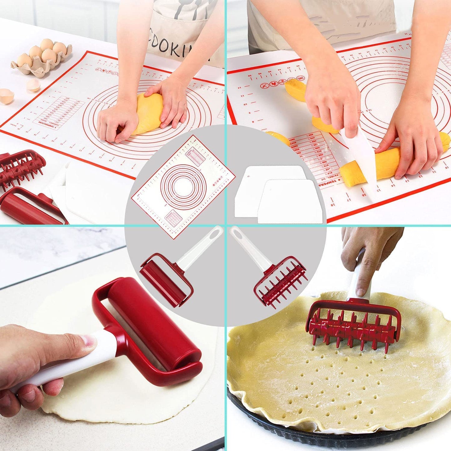 Qitdathn 5 pcs Pizza Tool Set Includ Pastry Pizza Roller, Pizza Dough Docker that Time-Saving and Dough Scraper Cutter and Pizza Cutter Wheel and Silicagel Pastry Mat (5 pcs)