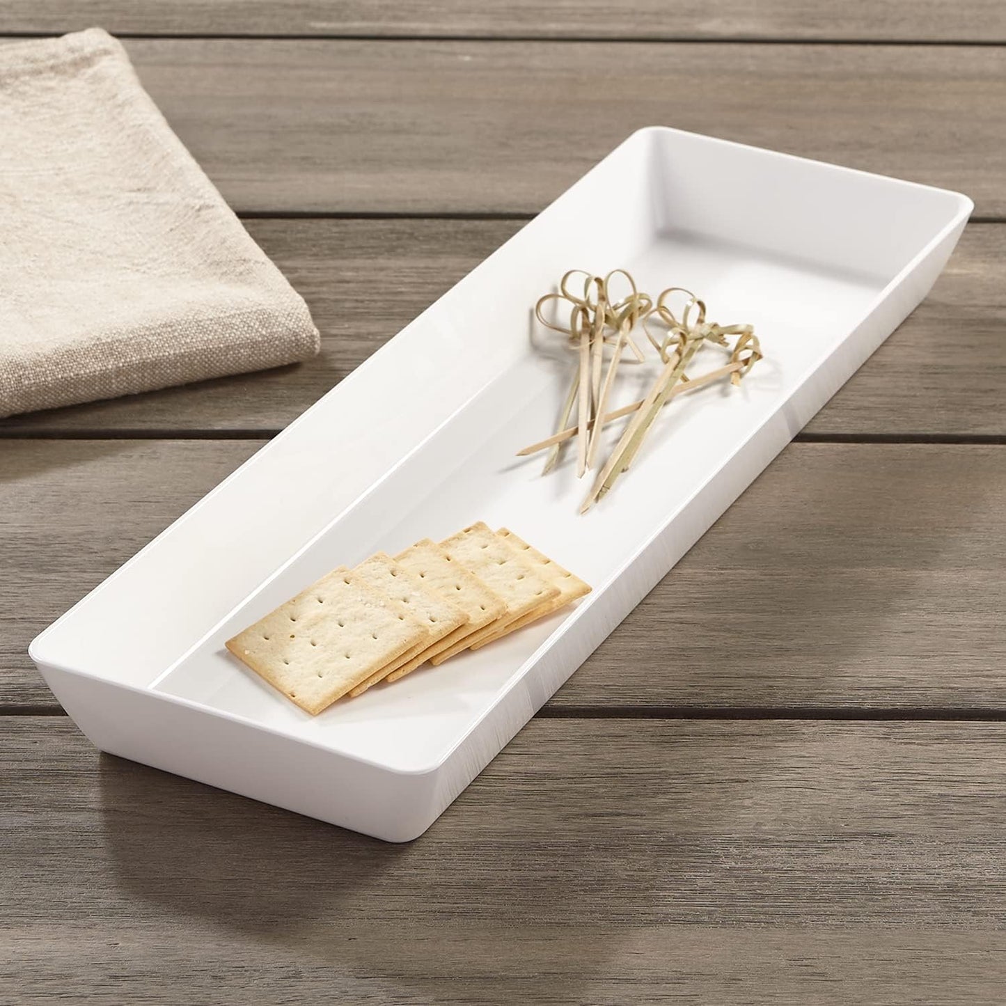 US Acrylic Avant White Plastic Serving Trays - Set of 4, 15” x 5” Narrow Reusable Platters for Appetizers & Desserts