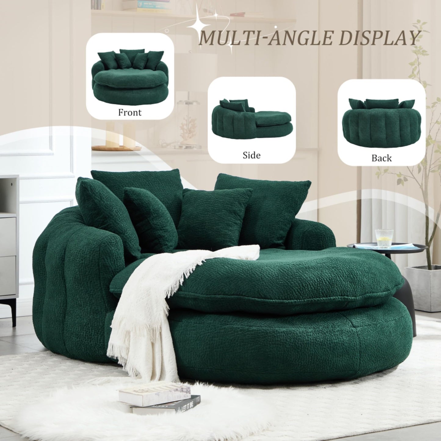 WEALTHOUSE Oversized Oval Floor Sofa Lounger with Pillows Ergonomic Wrap Around Backrest Chenille Fabric Memory Foam Filled Lazy Chair for Adults Living Room (Emerald)