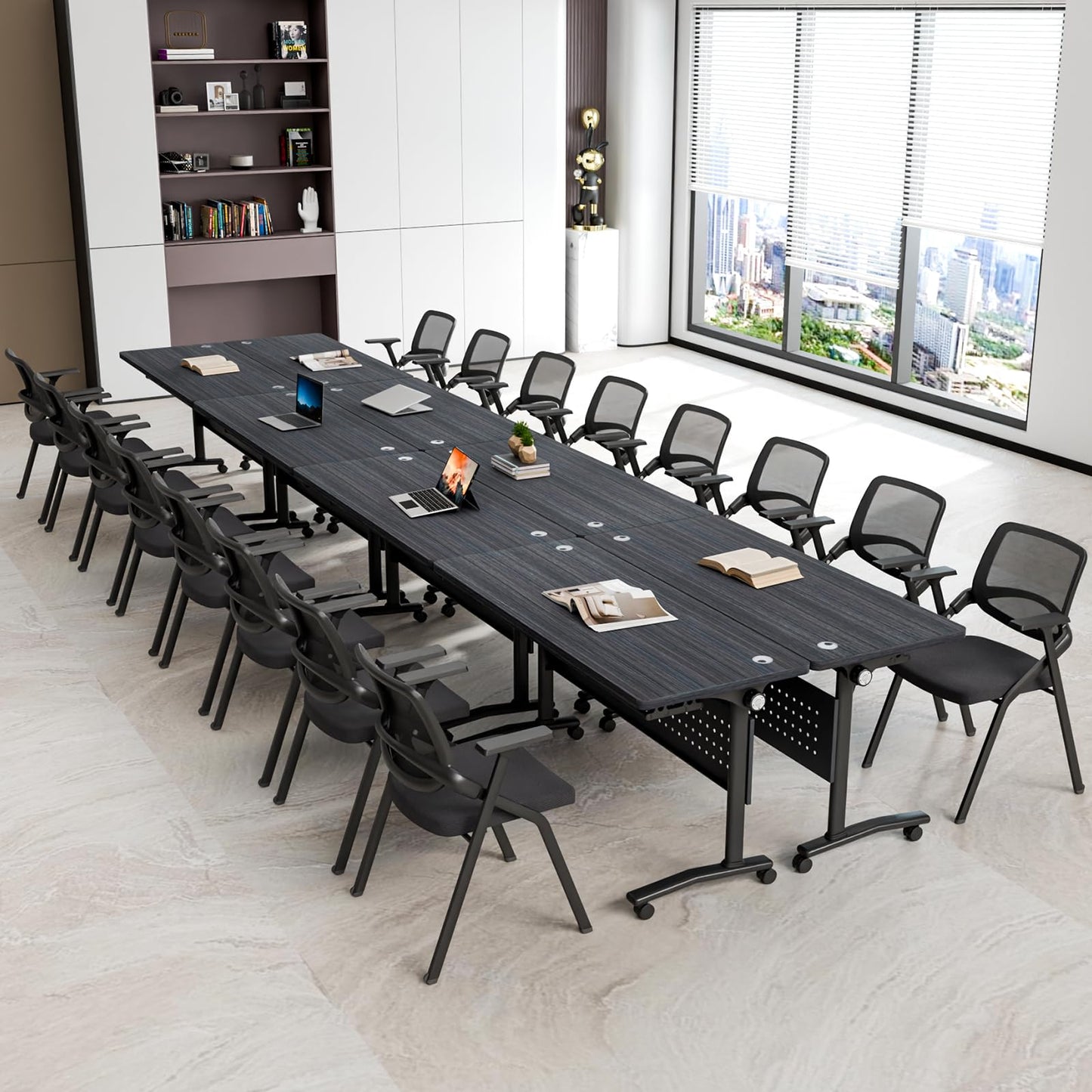 JNMDLAKO Folding Conference Room Table for 6-12 Person, Modular Mobile Large Flip-Top Training Table with Locking Wheels, Modern Rectangular Seminar Meeting Tables for Office (6, Black, 47.2in)