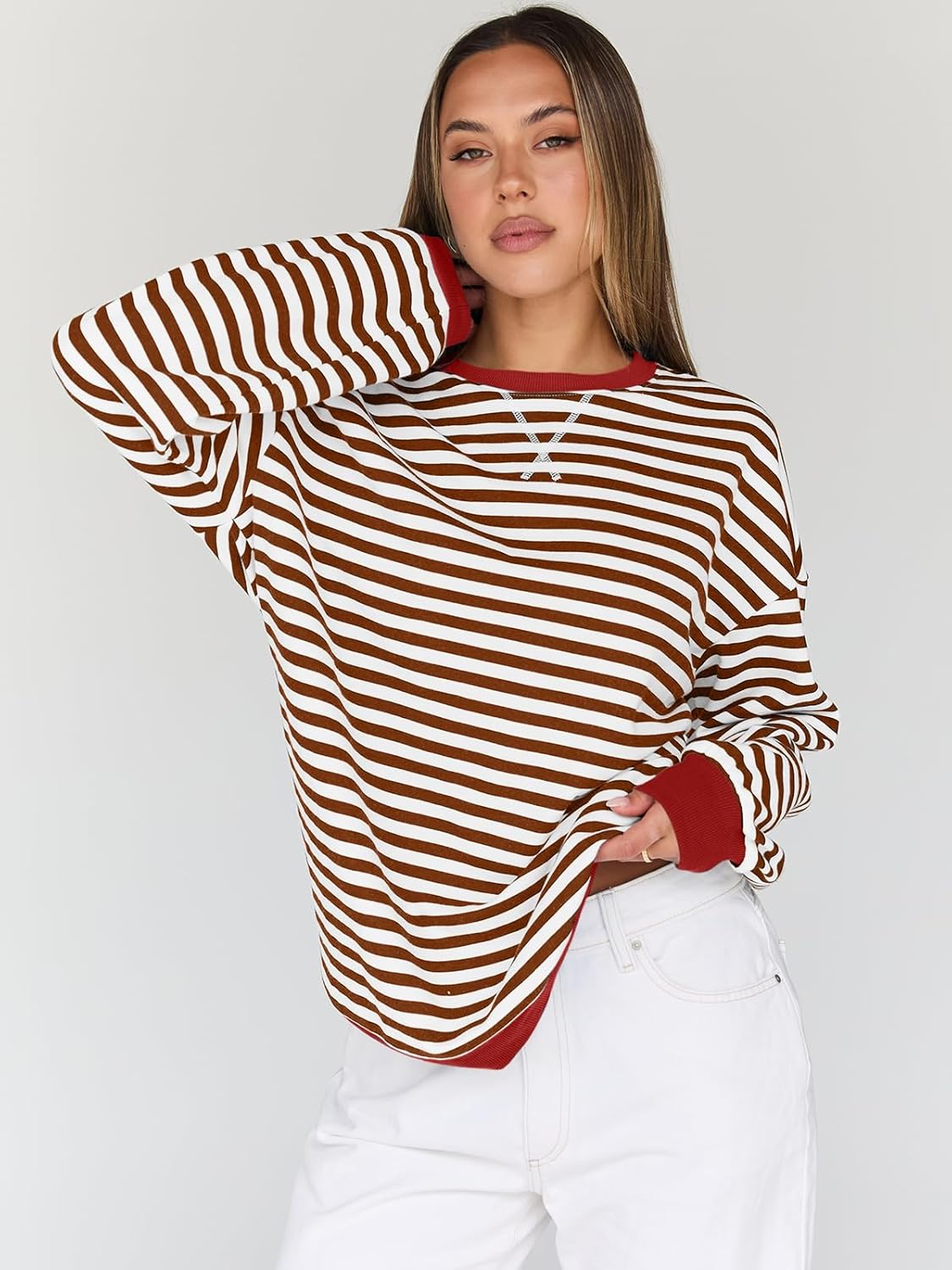 Trendy Queen Oversized Sweatshirt for Women 2025 Fall Crewneck Striped Long Sleeve Shirts Hoodies Cute Top Y2K Outfits