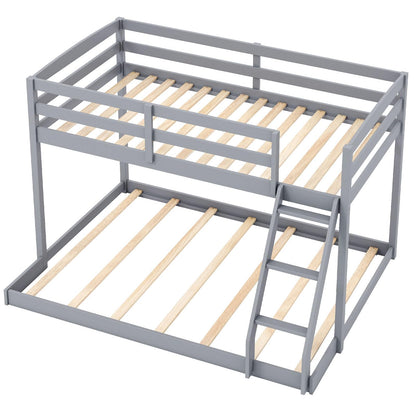 Giantex Twin Over Full Bunk Bed, Solid Wood Kids Bunk Bed with Full-Length Guardrails & Ladder, Low Bunk Beds with Slats Support for Kids, Teens, No Box Spring Needed, Grey