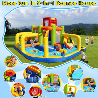 Umbalir Inflatable Obstacle Bounce House, Kids Bounce House Water Park with Water Slides, Surprise Dump Bucket, Obstacles,Jumping, Tunnels, Climbing,Water Cannon, and Ball Shooting Frame