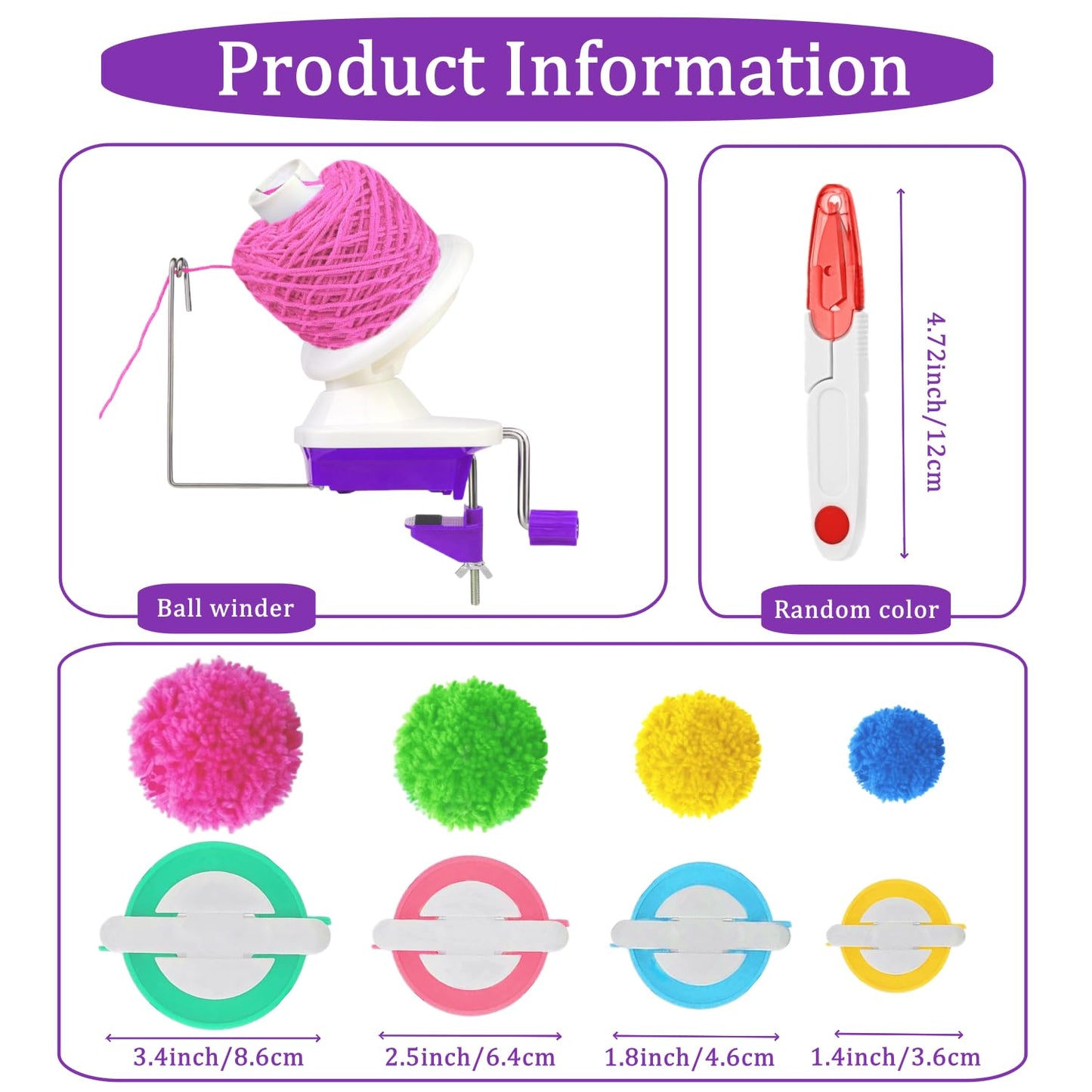 Yarn Ball Winder for Crocheting Knitting, Sturdy Metal Handle Tabletop Yarn Winder with 4 Size Pom Pom Makers Scissors, Low Noise