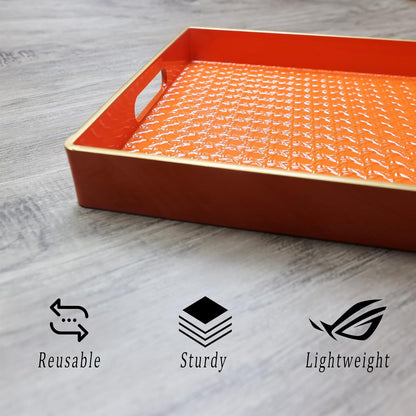 15.7"*10.2" Orange Decorative Coffee Table Tray, Rectangular Plastic Serving Tray with Handles for Living Room