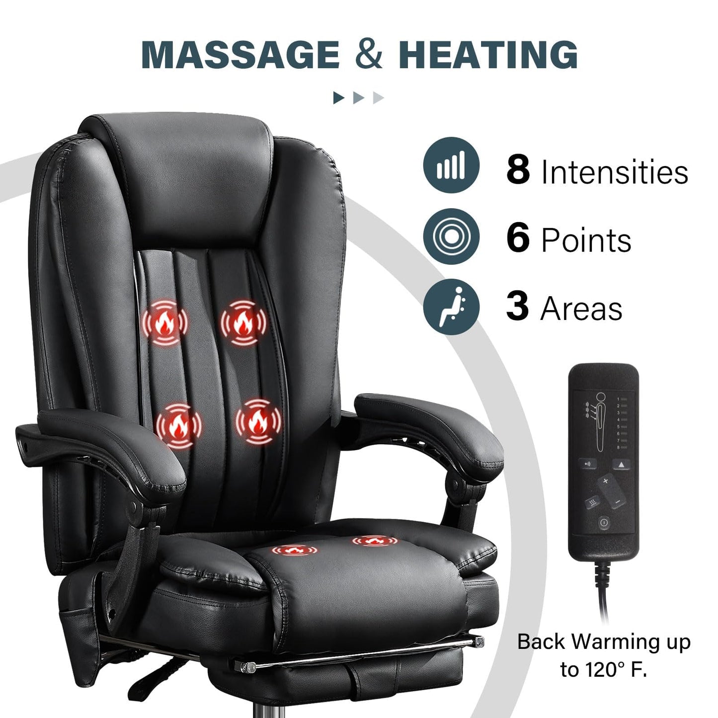 Thctvous Luxury Leather Executive Office Chair with Foot Rest, Reclining Massage Office Chair with Heat/Adjustable Backrest/Rolling Wheels/Soft Cushion, Heavy Duty, 400 Lbs Capacity (Leather, Black)
