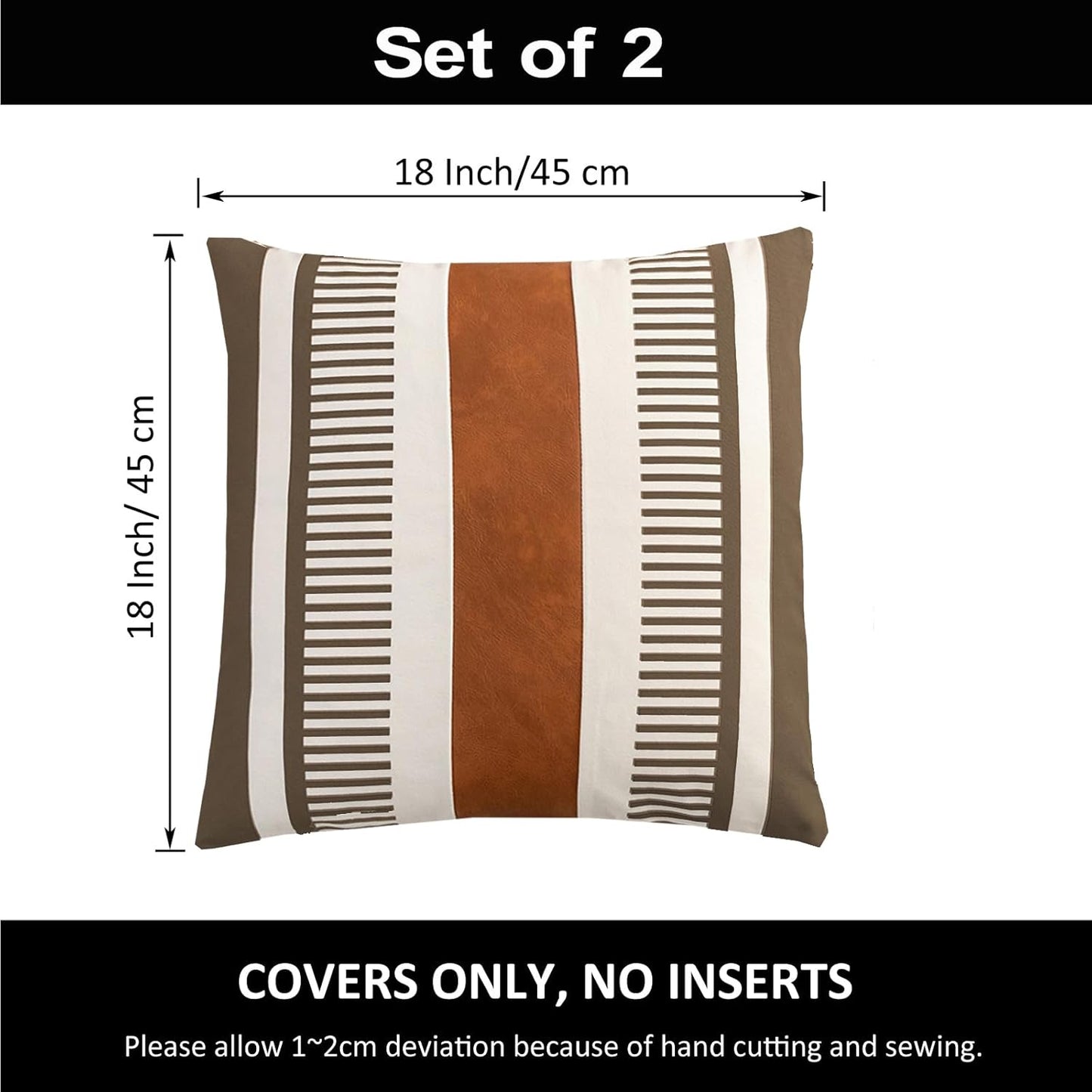 Pack of 2 Farmhouse Decorative Throw Pillow Covers, 18x18 Modern Faux Leather Rustic Stripe