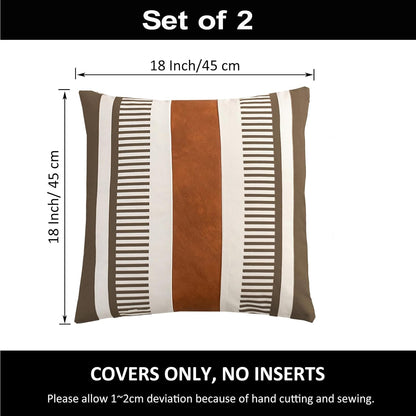 Pack of 2 Farmhouse Decorative Throw Pillow Covers, 18x18 Modern Faux Leather Rustic Stripe