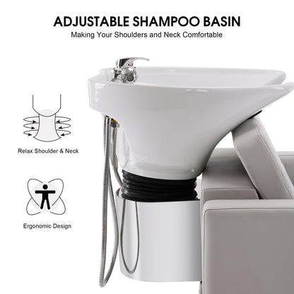 BarberPub Backwash Shampoo Station Chair, Adjustable Porcelain Ceramic Hair Wash Basin, Vacuum Breaker, Professional Shampoo Chair for Salon and Spa 9309 (Gray)