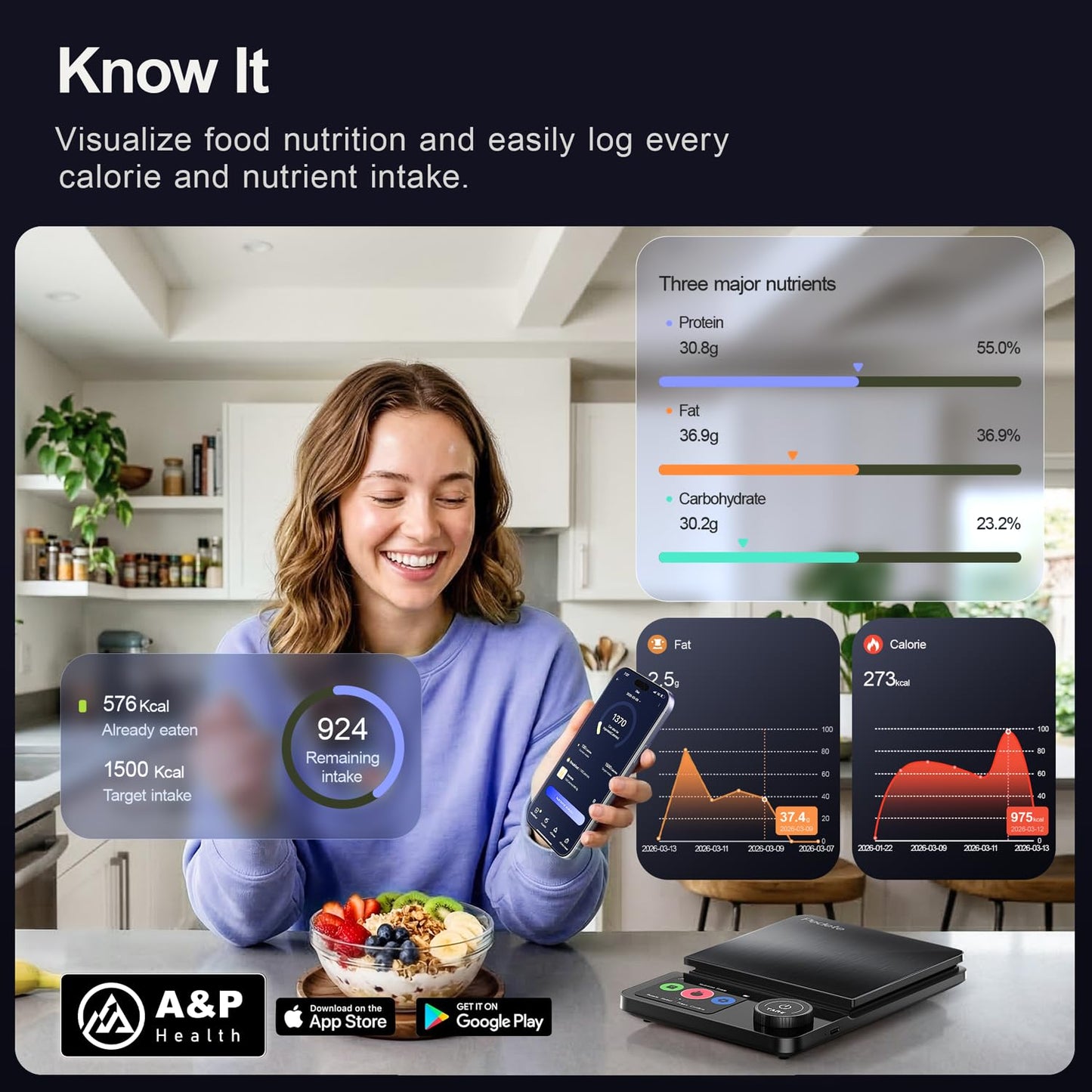 Amzmerit Smart Food Kitchen Scale with Nutritional Calculator, Timer, 0.1g High Precision Kitchen Scale, Free App with 27 Nutrients Tracking, Digital Grams and Ounces for Weight Loss,11lbs/5kg (Black)