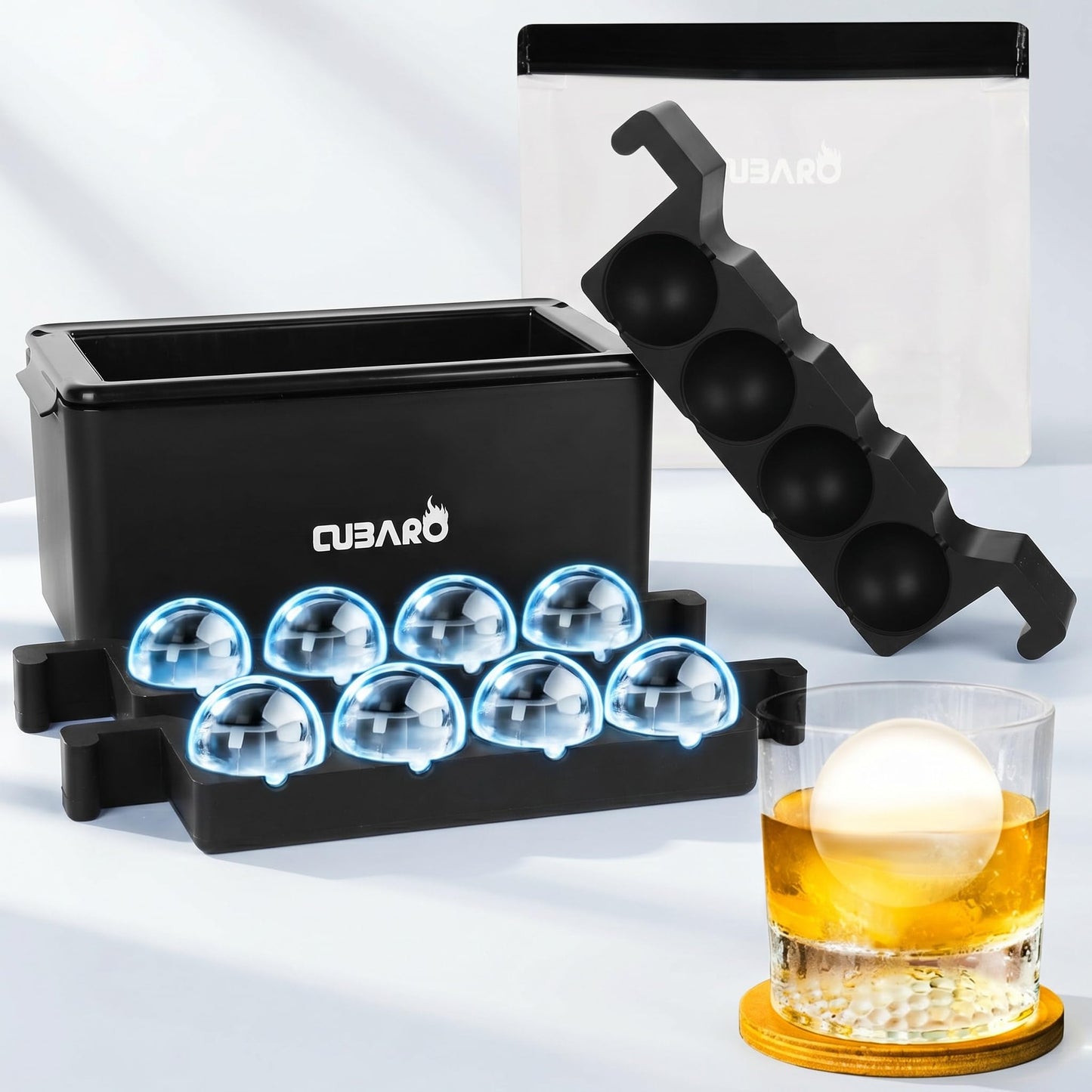 Clear Ice Ball Maker with Bonus Freezer Bag | 8 Large 2" Crystal Clear Ice Spheres | Premium Hard Shell Directional Freezing Mold | Slow‑Melt Ice Balls by CUBARO
