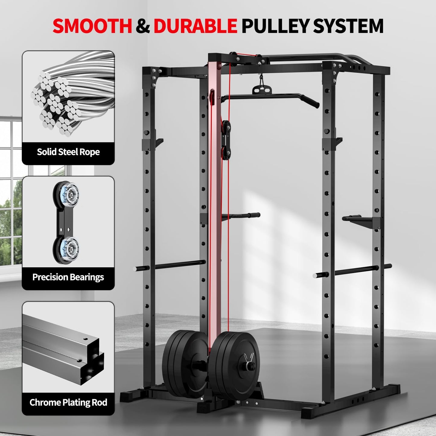 JEEKEE Power Rack with LAT Pulldown, 2000LBS Power Cage with Cable System, Multi-Function Squat Rack with J-Hooks, Safety Bars, Landmine, Pull Up Bar & Attachments for Home Gym Strength Training,Black