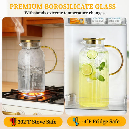 2 Pack Glass Pitcher with Lid, 68 oz/2 Liter Vertical Stripe Round Pitcher with Handle, Heat Resistant, Suitable for Refrigerator Storage, Iced Tea, Coffee, Lemonade, Juice, and Beverage Container