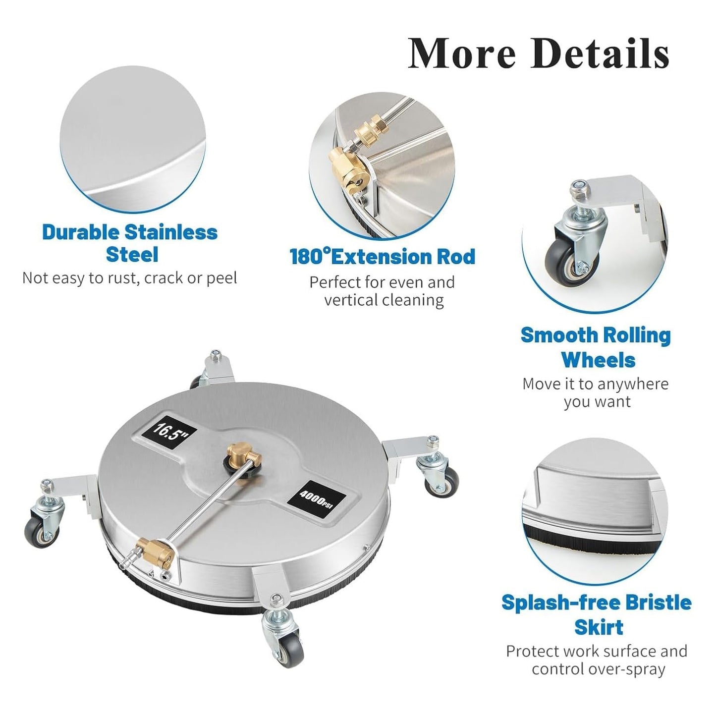 TRELVEX 16.5in Pressure Washer Surface Cleaner, 2 in 1 Stainless Steel Power Washer Attachment with 4 Wheels, 2 ExWands, 1/4" Quick Connector, Undercarriage Cleaner for Sidewalks, 4000 PSI