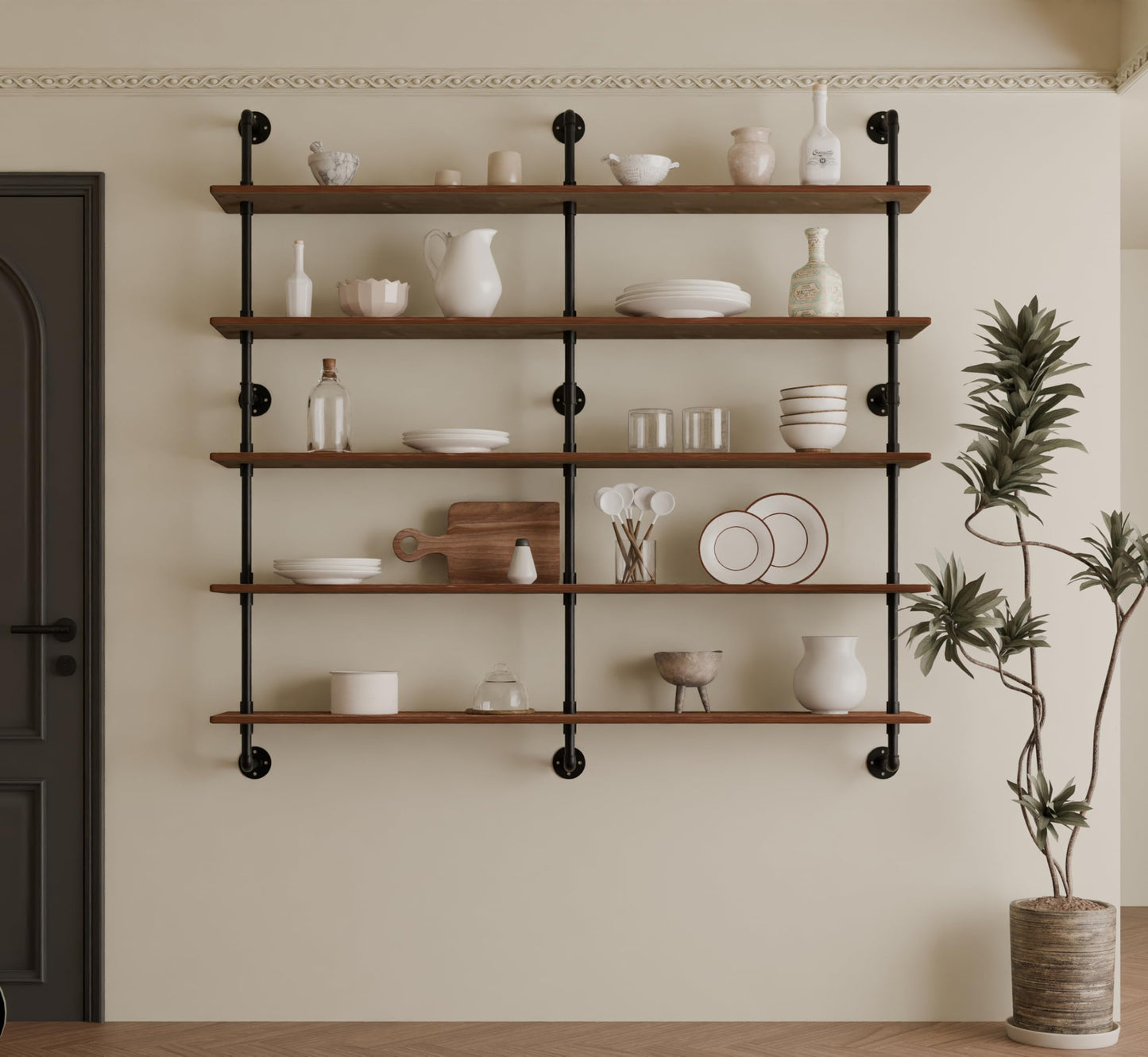 HDDFER Industrial Pipe Shelf Shelving Bookcase, Wall Mounted Rustic Bookshelf 60 Inch, Floating Bookshelves for Wall,Retro Wood Metal Pipe Industrial Shelves for Living Room