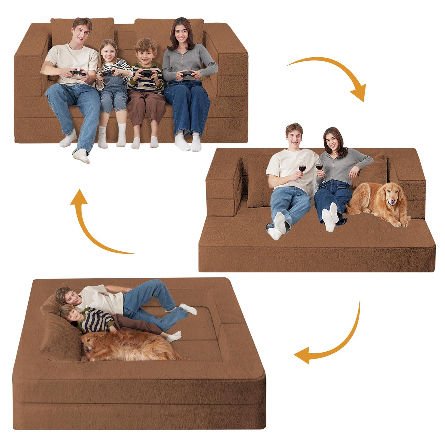 Cansunna Folding Bean Bag Chair for Adults,3-in-1 Bean Bag Couch Faux Fur Floor Sofa Large Beanbag Convertible Bean Bag Sofa Bed with Pillow in Bedroom,Living Room,Apartment(Queen,Caramel)