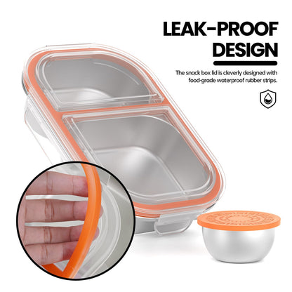 CODIEKEY Snackle Box Container,Dishwasher,Reusable Snack Containers With Lids,2 Compartment Stainless Steel Snack Containers,Fruits, Snacks,Nuts,Salad,travel,800ML,White&Orange,2 Pack