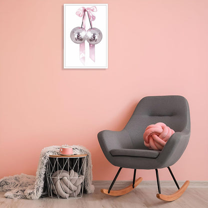 Generic 16x24in Trendy Pink Bow Disco Ball Posters White Cherry Canvas Wall Art Funky Coquette Bow Ribbon Preppy