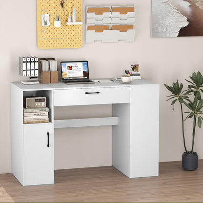 GOFLAME Sewing Table, 53” Sewing Machine Desk with Open Storage Cubes, Drawer, Cabinet, Adjustable Shelves, Art Craft Table for DIY, Modern Home Office Desk, White