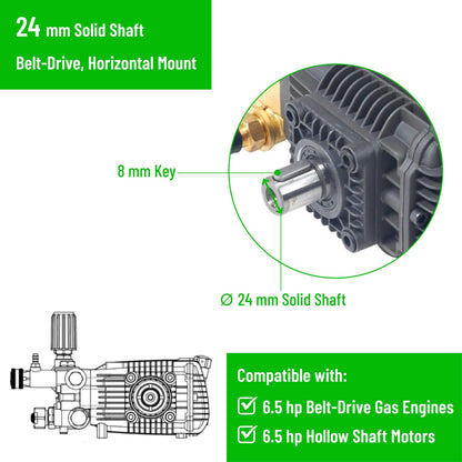 Canpump CF 3230 S: 3200 psi @ 2.9 US gpm Belt-Drive Pressure Washer Pump with External Unloader, 24 mm Solid Shaft, Max 1725 RPM, Horizontal Triplex Pump