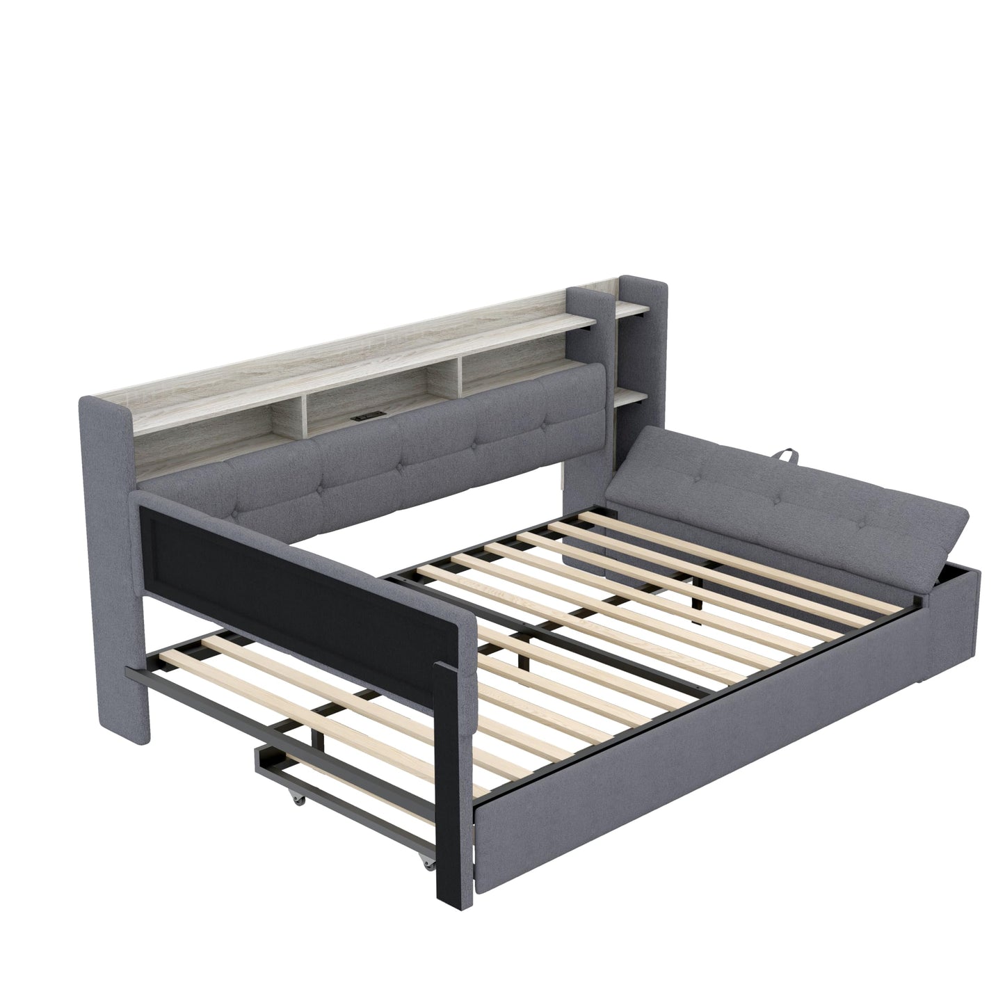 Merax Full Size Upholstered Daybed with Trundle and Storage Drawer, Headboard with Light, Shelves, USB Charging Station, Multi-Functional Bed for Guest Room, Living Room, No Box Spring Needed, Gray