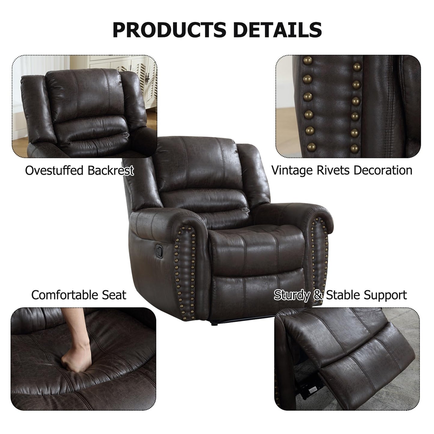 CANMOV Leather Recliner Chair, Classic and Traditional Manual Recliner Chair with Comfortable Arms and Back Single Sofa for Living Room, Dark Grey