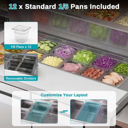 Velieta Commercial Refrigerator 48 inch, 12.7 cu.ft 2 Door Salad Prep Table, Stainless Steel with 12 Pans, Cutting Board & Casters, Sandwich Prep Fridge for Restaurant, Food Truck, Catering