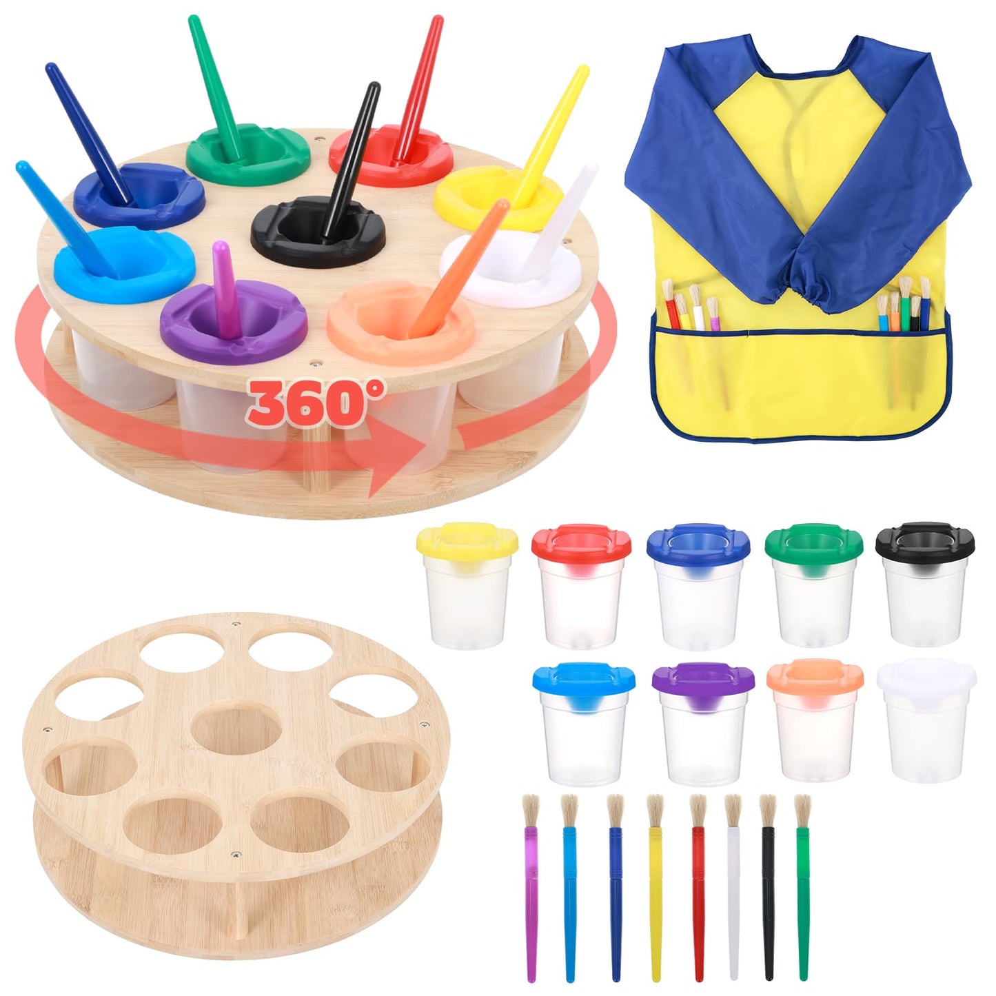 Painting Cups with Rotating Holder 9pcs No Spill Paint Cup with Colored Lids Paintbrushes Waterproof Smock Spill Proof Art Painting Containers Supplies